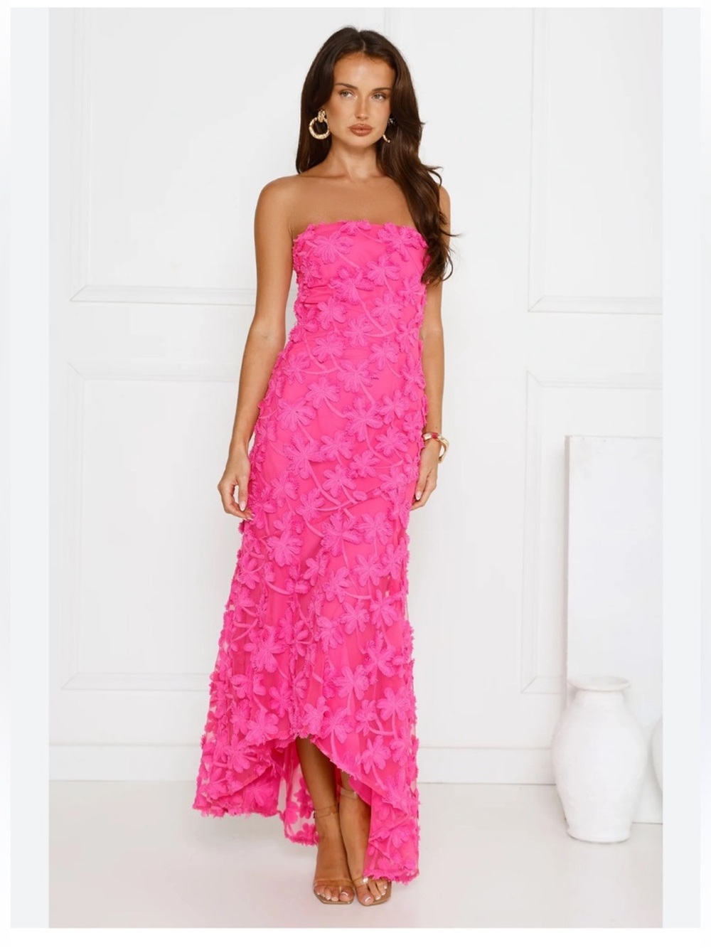 Hello Molly Strapless Hot Pink Floral Appliqué Maxi Dress